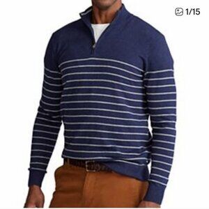 Chap's NWT SZ XXL Mens Navy Stripe 1/4 Zip Sweater Preppy Old Money Office